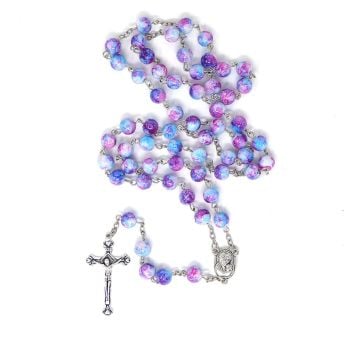 Blue pink marble rosary beads long length 57cm holy earth center