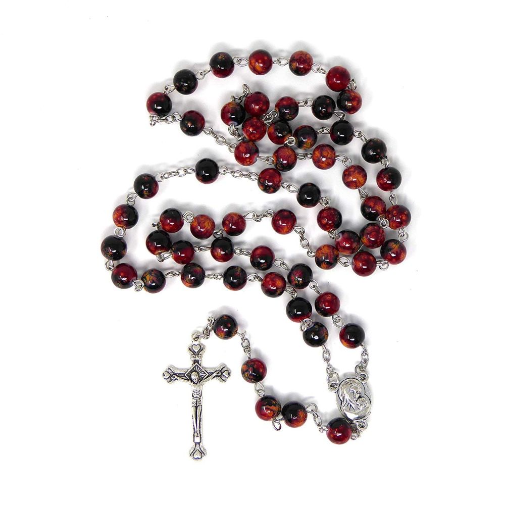 Red black marble rosary beads long length 57cm holy earth center