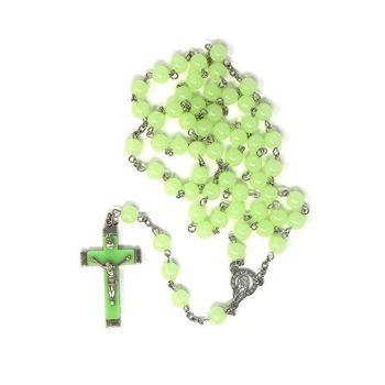 Glow in the dark rosary beads round luminous bead and cross silver chain long 58cm