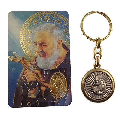 St. Padre Pio of Pietrelcina brass and silver keyring with prayer card