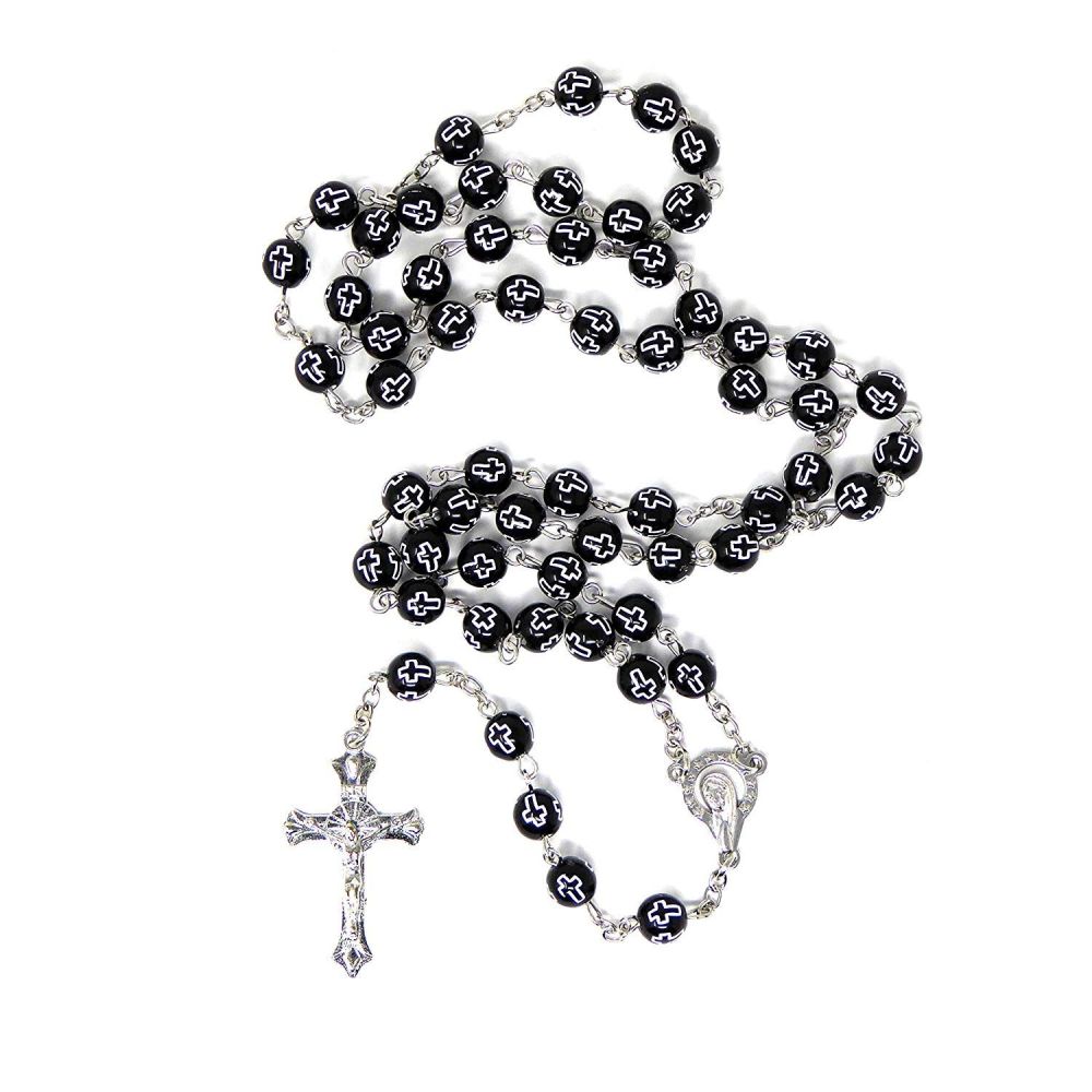 Black plastic rosary beads with crosses silver chain and cross 55cm