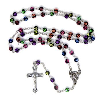 Black rosary beads with rainbow crosses silver chain and cross 50cm
