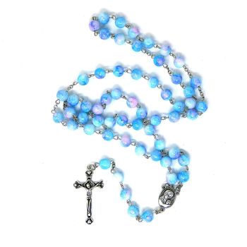 Light blue marble rosary beads long length 57cm holy earth center