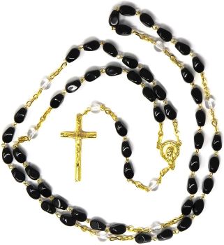 Black Glass Seven Sorrows Rosary Beads Gold Chain Servite Rosary 57cm 