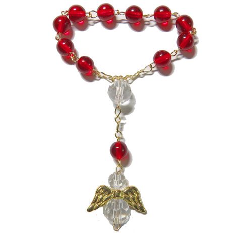 Small pocket one decade red round glass rosary beads angel design prayer gi