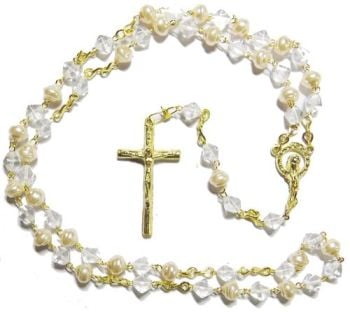 Clear glass pearl effect rosary beads gold colour chain 48cm