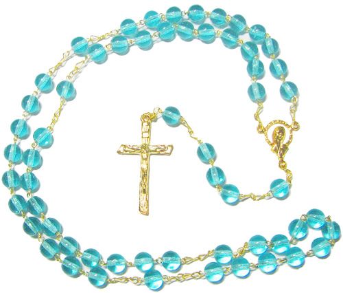 Aqua blue round glass rosary beads on gold chain 44cm Catholic prayer