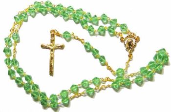 Bicone glass green rosary beads on gold colour chain 42cm