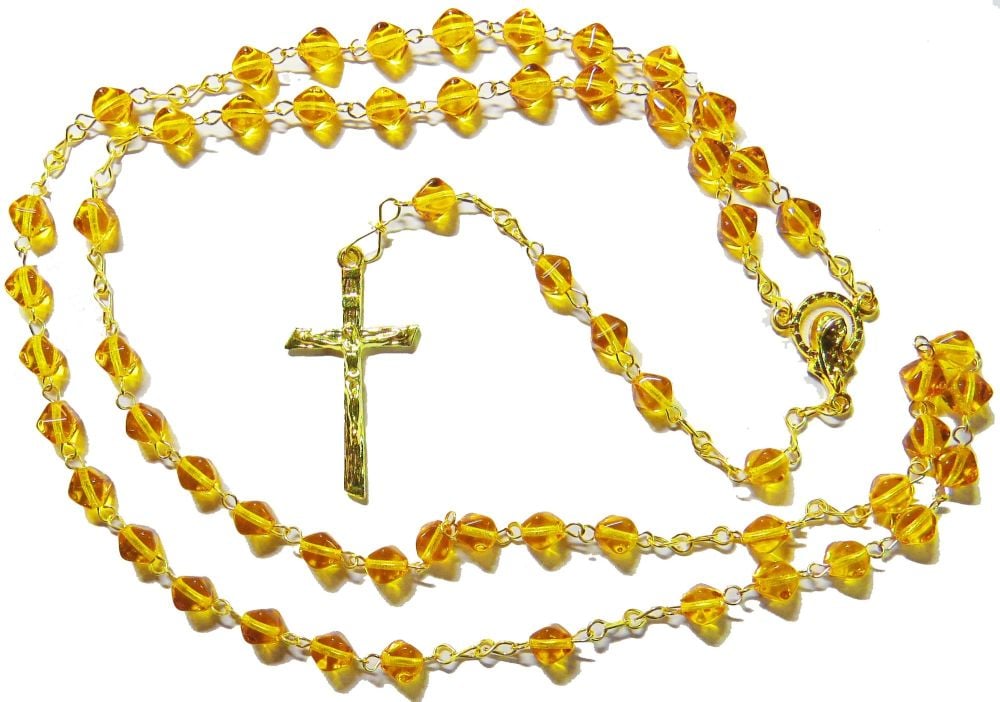 Bicone glass amber yellow colour rosary beads on gold colour chain 42cm