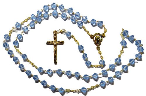 Bicone glass blue rosary beads on gold colour chain 42cm