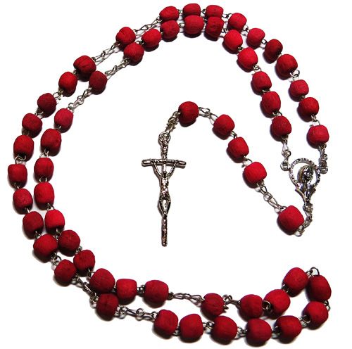 Rose scented wood rosary beads silver chain Papal crucifix in small tub