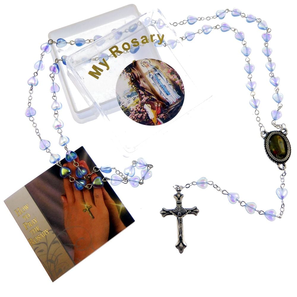 Iridescent blue glass heart rosary beads Our Lady of Lourdes image in box