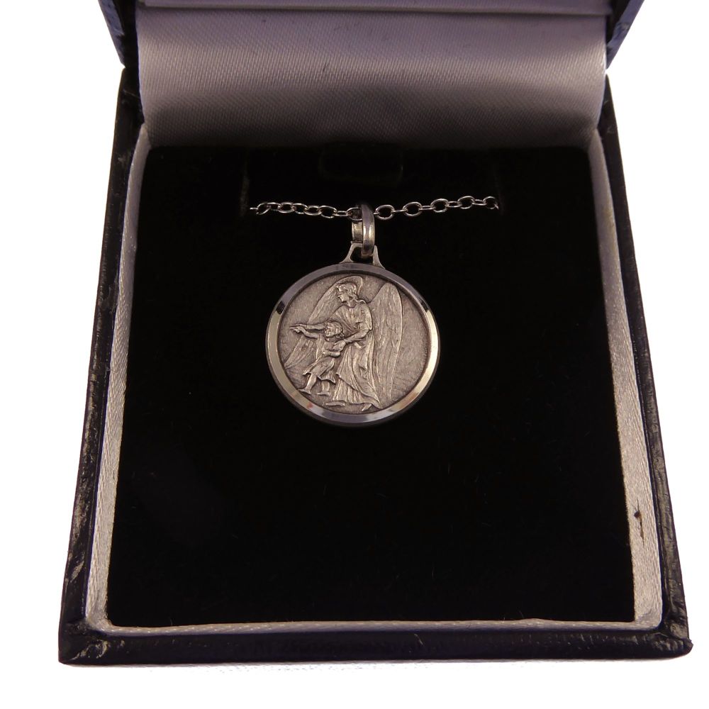 Silver plated Guardian Angel gift boxed round 1.8cm medal and 18
