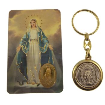 Virgin Mary Miraculous brass and silver keyring with Memorare prayer card