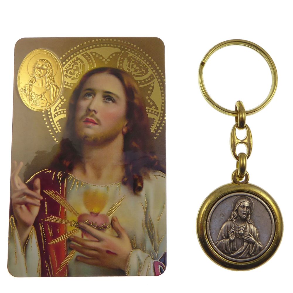 Jesus Sacred Heart brass and silver keyring with prayer card 