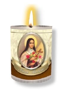 4 x St. Theresa candles Burns for 24 hours Picture on the front Prayer on the back 2.5 inch tall