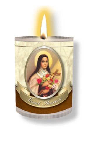 4 x St. Theresa candles Burns for 24 hours Picture on the front Prayer on t