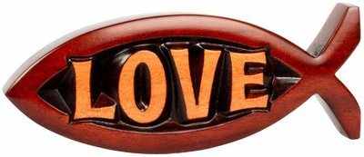 Wood carved Christian Ichthus fish Love plaque