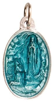 Enamelled blue Lourdes medal with silver metal alloy base St. Bernadette reverse 2.5cm 