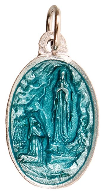Enamelled blue Lourdes medal with silver metal alloy base St. Bernadette re