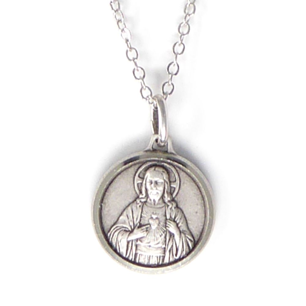 Silver plated gift boxed Sacred Heart of Jesus round 1.8cm medal and 18