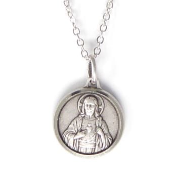 Silver plated gift boxed Sacred Heart of Jesus round 1.8cm medal and 18" necklace Catholic