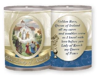 4 x Our Lady of Knock candles Burns for 24 hours Picture on the front Prayer on the back 15cm tall