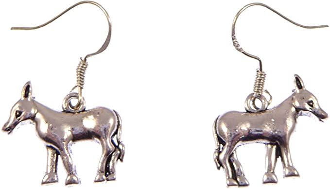 Fun silver donkey dangly earrings sterling silver hooks 2cm in gift bag