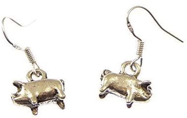 Fun small silver pig dangly earrings sterling silver hooks 1.2cm in gift bag