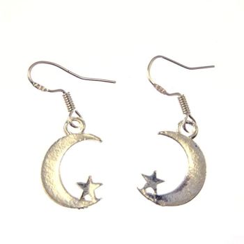 1.5cm tibetan silver moon and star dangly earrings on sterling silver hooks in organza gift bag