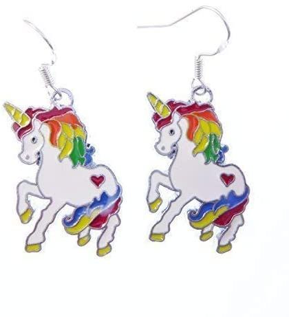 3cm white rainbow unicorn earrings on sterling silver hooks enamel in a gif
