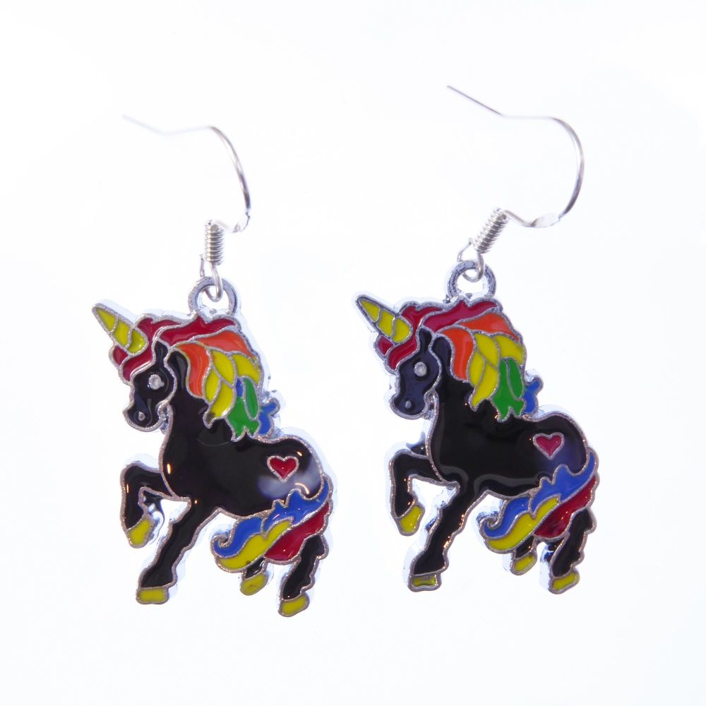 3cm black rainbow unicorn earrings on sterling silver hooks enamel in a gif