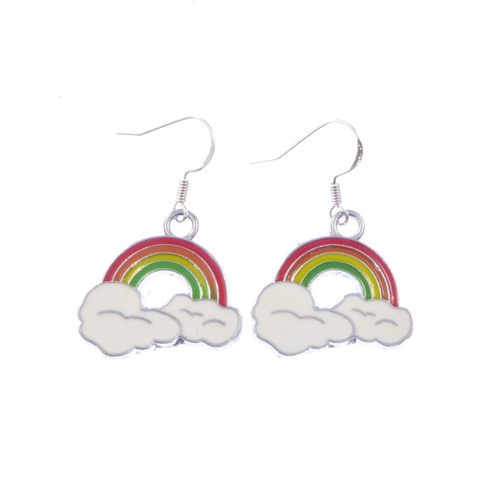 2.7cm enamel rainbow clouds metal dangly earrings on sterling silver hooks 