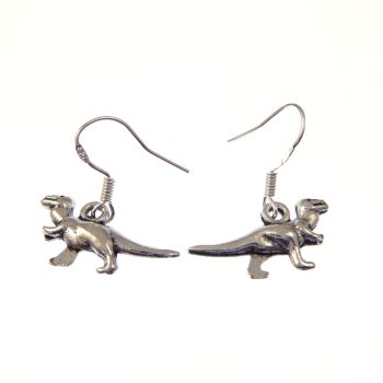 Fun tibetan silver 2cm t-rex style cute dangly dinosaur earrings on sterling silver hooks in organza gift bag