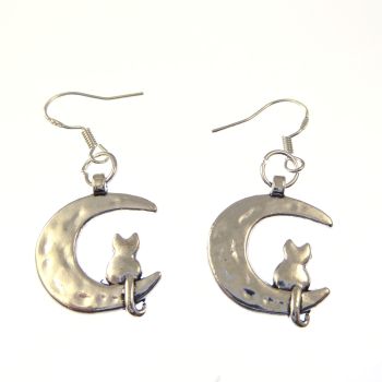 2cm tibetan silver cat sat on the moon metal earrings on sterling silver hooks in organza gift bag
