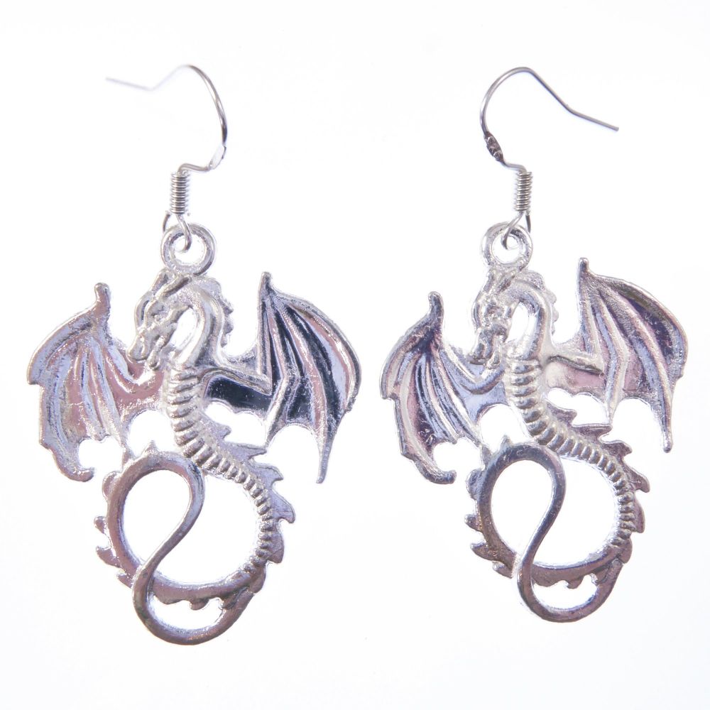 3.5cm tibetan silver dragon with wings earrings on sterling silver hooks in