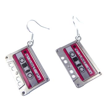 2.5cm 80's style cassette tape metal dangly earrings on sterling hooks in organza gift bag