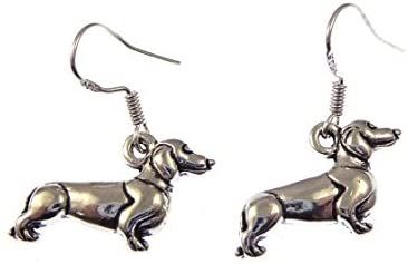 2.2cm tibetan silver sausage dog Dachshund dangly earrings on sterling silver hooks in organza gift bag