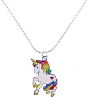 3cm white rainbow enamel unicorn necklace on 18" silver plated snake chain in organza gift bag