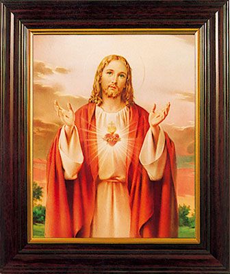 Sacred Heart of Jesus print in a wood frame 26cm tall hanging or standing