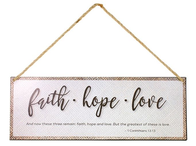 Swanson Iron Wall Hangings with Rope Faith Hope and Love 1 Cor 13:13 Bible 