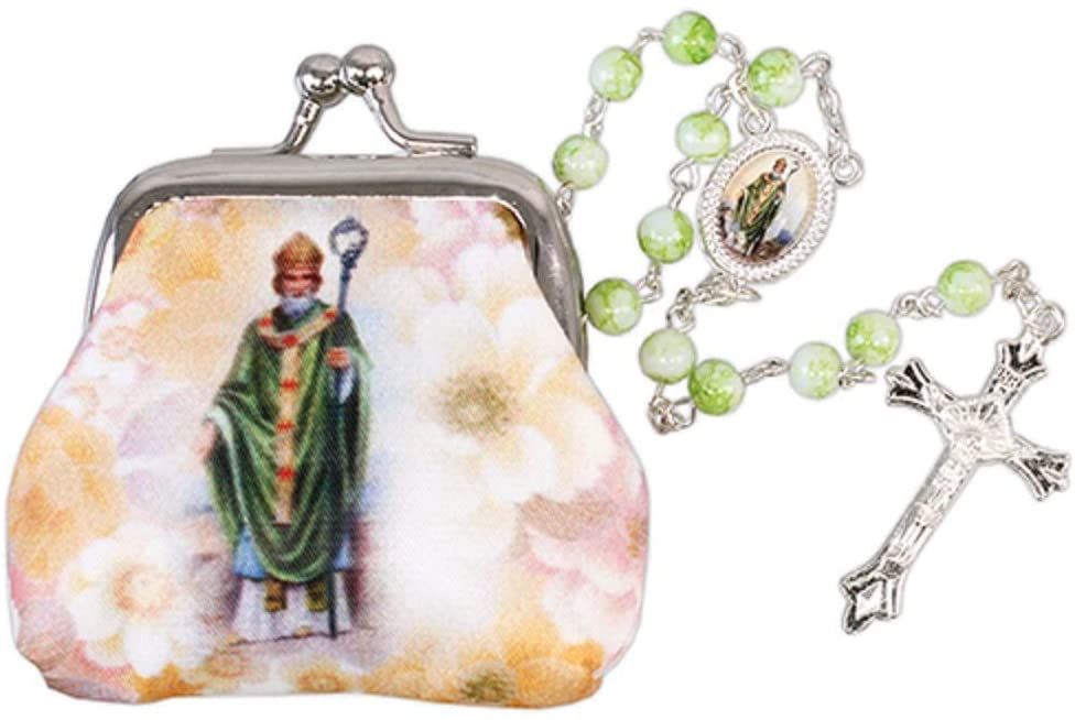 Green glass marble effect St. Patrick rosary beads in purse 50cm 