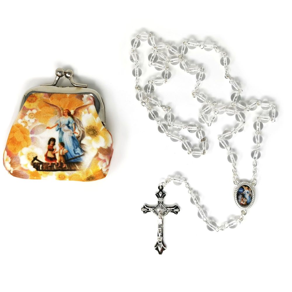  Clear glass round Guardian Angel rosary beads in purse 50cm 
