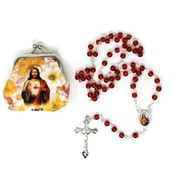 Red round glass Sacred Heart of Jesus rosary beads in purse 50cm