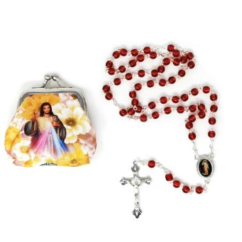 Red round glass Divine Mercy Jesus rosary beads in purse 50cm 