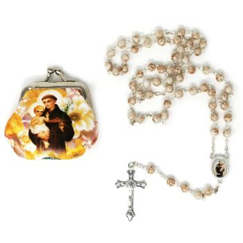 White marble glass St. Anthony Jesus rosary beads in purse 50cm 
