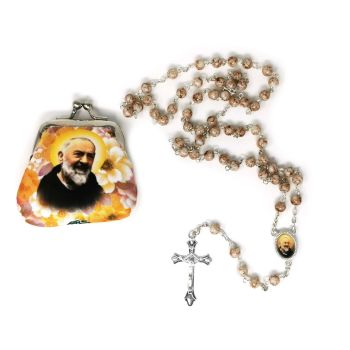 White marble glass St. Padre Pio rosary beads in purse 50cm 