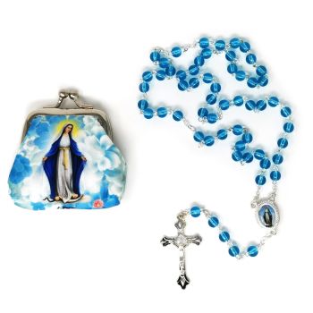 Round blue glass Our Lady of Grace Miraculous Mary rosary beads in purse 