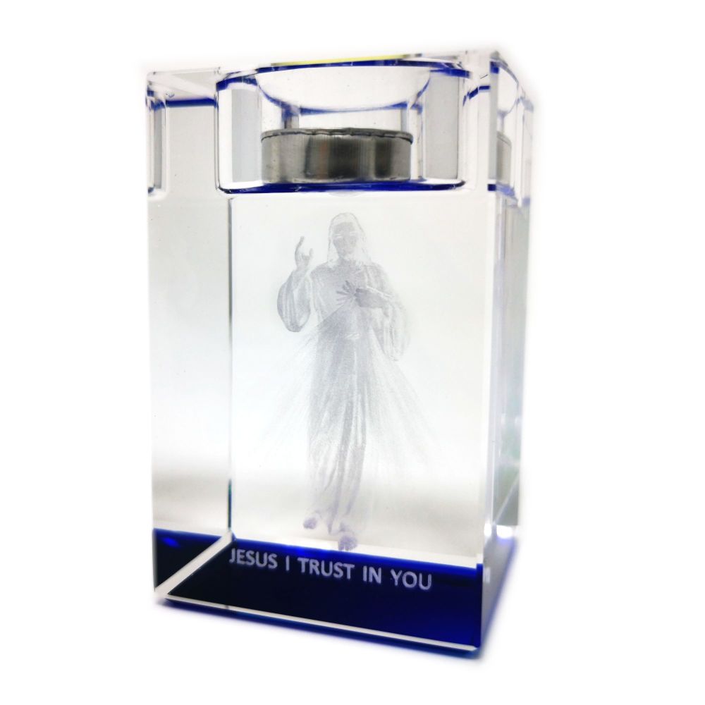 Crystal glass Divine Mercy tealight candle votive holder Catholic gift 8cm 