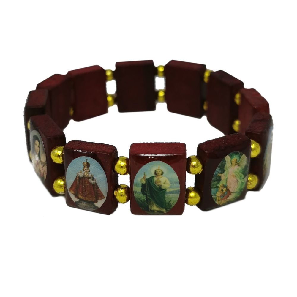 Brown wood Saints bracelet gold bead elastic Sacred Heart Jesus 